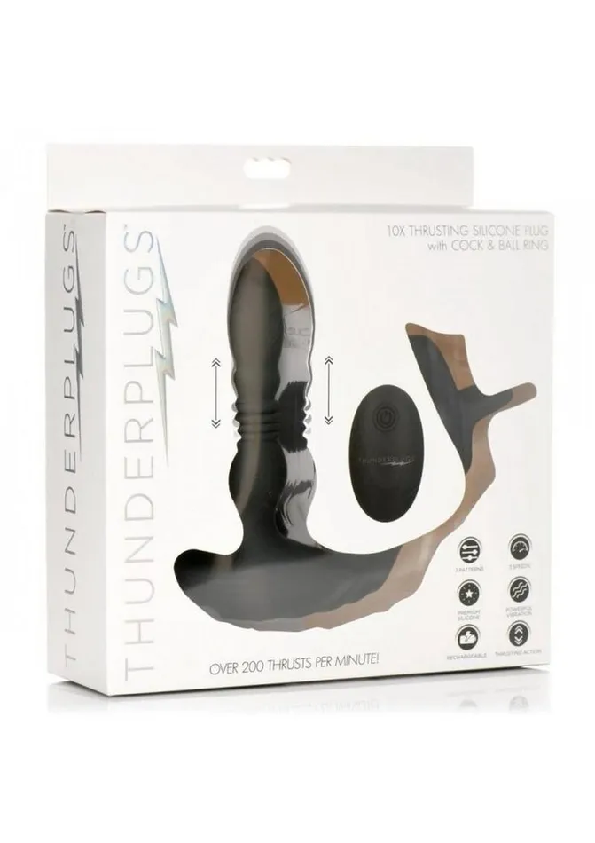 Thunder Plugs Rechargeable 10x Thrusting Silicone Vibrator with Cock and Ball Strap Thunder Plugs Female Sex Toys