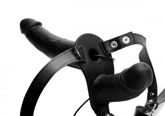 Female Sex Toys XR Brands Strap U Power Pegger Silicone Vibrating Double Pleasure Dildo With Harness Black