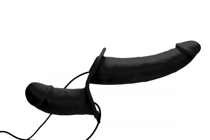 Female Sex Toys XR Brands Strap U Power Pegger Silicone Vibrating Double Pleasure Dildo With Harness Black