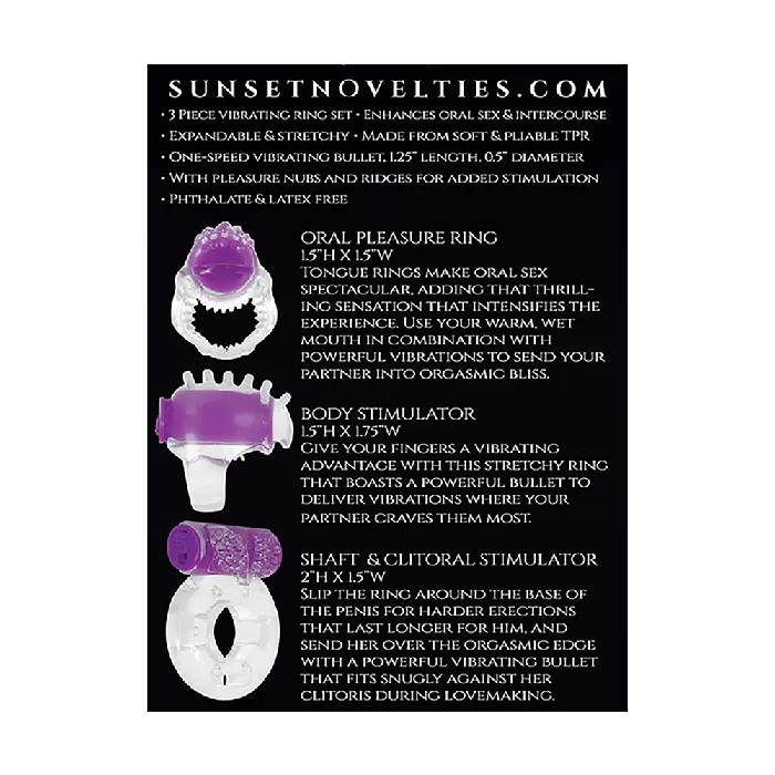 SUNSET INTIMATES Male Sex Toys Sunset Intimates Rock Hard Vibrating Pleasure Cock Ring Trio